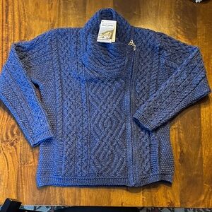 Aran Crafts Blue Cowl Neck Cable Knit Sweater